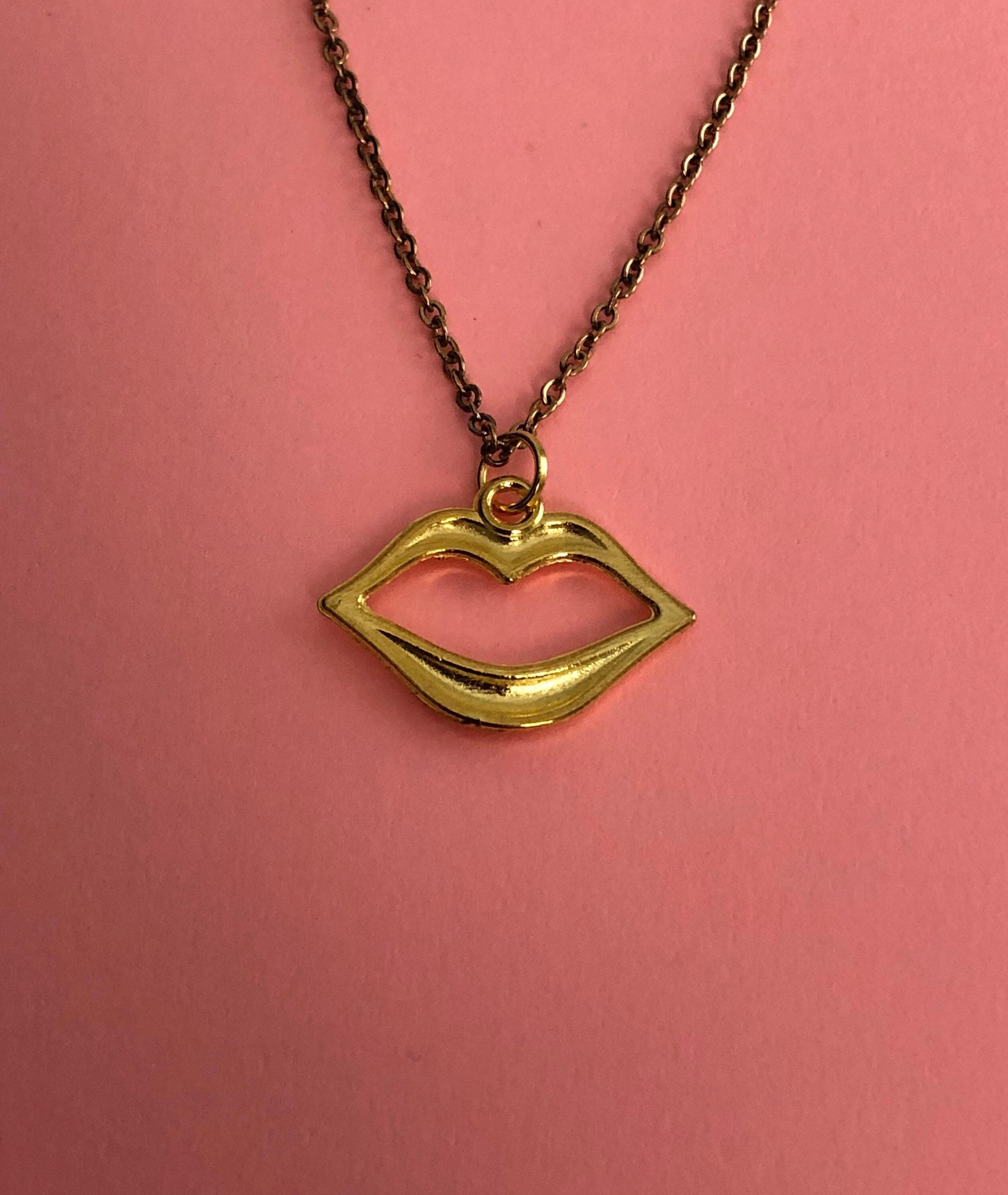 Gold Lip Necklace, Lip Necklace, Lips Necklace, Lips Pendant, Gold