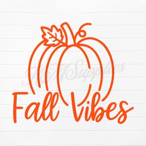 May include: Orange line art of a pumpkin with a leaf and the words "Fall Vibes" on a white background. The pumpkin design is a simple outline, perfect for fall-themed crafts and decorations.