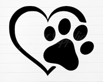 May include: Black and white silhouette of a paw print inside a heart shape.