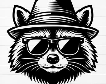 raccoon with hat and sunglasses, raccoon with hat svg, cool raccoon png, raccoon silhouette svg, raccoon funny svg, funny raccoon png, svg