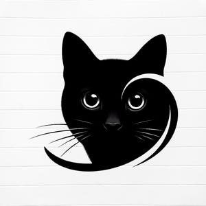 May include: Black and white silhouette of a cat's face with large eyes, peeking from behind a curved shape.