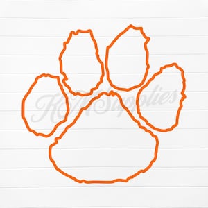 May include: Orange paw print outline on a white background. The paw print is a simple, bold design, perfect for various applications. The background has a subtle wood grain texture. The text "Koy Supplies" is partially visible.