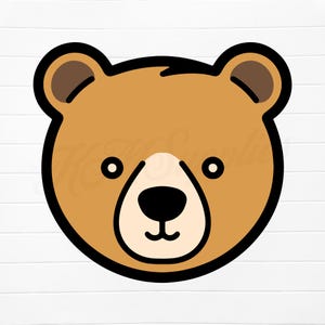 May include: A cartoon illustration of a bear's face. The bear has a light brown head with dark brown ears and a black outline. The bear's nose is black, and the eyes are small black circles. The bear's mouth is a small black curve.