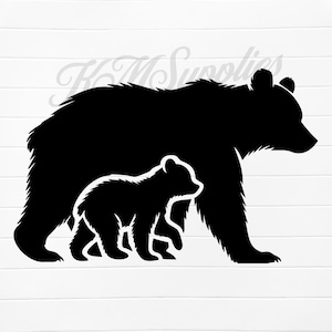 May include: Black silhouette of a mother bear and her cub walking side by side. The mother bear is larger than the cub and they are both facing the right side of the image.