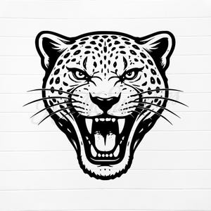 May include: A black and white illustration of a roaring jaguar head. The jaguar's face is detailed with spots, whiskers, and sharp teeth. The image is a bold graphic design, perfect for apparel or decor.