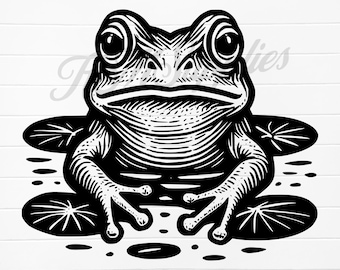 Könnte beinhalten: Schwarzweiß-Illustration eines Frosches, der auf Seerosen sitzt. Der Frosch hat ein detailliertes, strukturiertes Design.