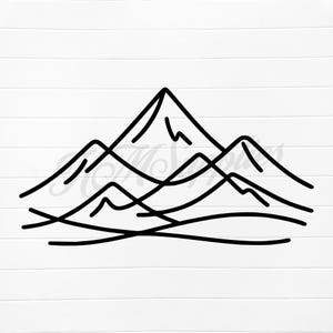 May include: A black and white line drawing of a mountain range with three peaks. The mountains are drawn in a simple, minimalist style.