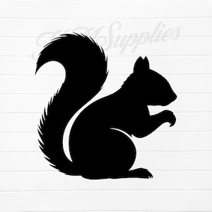 May include: Black silhouette of a squirrel in a seated position, holding something in its paws. The squirrel has a large, bushy tail and is set against a white background with the text "Supplies" in the upper right corner.