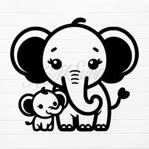 Puede incluir: Ilustración en blanco y negro de una madre elefante y su bebé elefante. La madre elefante tiene orejas grandes y una trompa, mientras que el bebé elefante es más pequeño y tiene una trompa más corta.