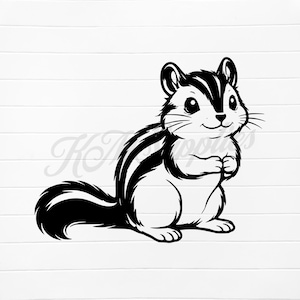 May include: A black and white illustration of a chipmunk. The chipmunk is in a sitting position with its paws clasped together. It has a striped back and a fluffy tail. The image is on a white background.