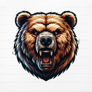 May include: A close-up of a brown bear's face with its mouth open in a growl. The bear has sharp teeth and a fierce expression.