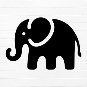 May include: A black silhouette of an elephant with a rounded head and a trunk that curves to the left. The elephant has a simple, cartoon-like design.