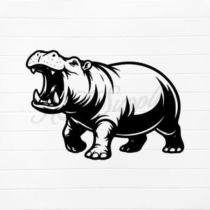 May include: A black and white illustration of a hippopotamus with its mouth wide open, showcasing its teeth. The hippo is depicted in a walking pose, with detailed shading and a clean, graphic style. The background is a white, wood-paneled surface.