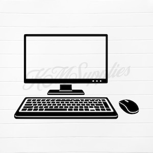 Op de afbeelding: Zwarte silhouet van een computeropstelling, inclusief een monitor, toetsenbord en muis. De monitor heeft een leeg scherm en het toetsenbord heeft veel toetsen. De muis bevindt zich rechts van het toetsenbord.