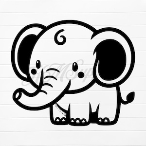 May include: Black and white line drawing of a cartoon elephant with a curled trunk and large ears. The elephant is standing on all fours and has a simple, whimsical design.