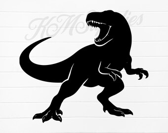 May include: Black silhouette of a Tyrannosaurus Rex dinosaur with an open mouth, sharp teeth, and a curved tail. The dinosaur is in a walking pose, with its claws visible. The background is white with a wood grain pattern.