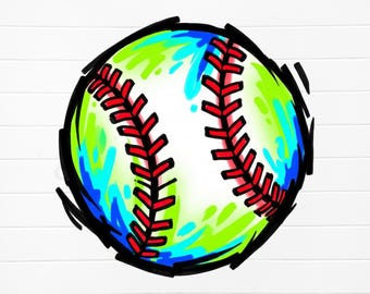 May include: A baseball illustration with a white background. The baseball features a vibrant design with green, blue, and white colors. Red stitching details the ball's seams, and a black outline frames the entire image. This graphic is suitable for sports-themed products.