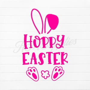 May include: Pink bunny ears with a white background. The text "Hoppy Easter" is below the ears, with two pink bunny footprints below the text.