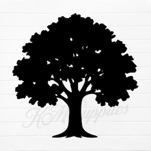 May include: A black silhouette of a tree with a full, rounded crown and a thick trunk. The tree's branches are dense, and the leaves are not individually defined. The background is a white surface with horizontal lines.