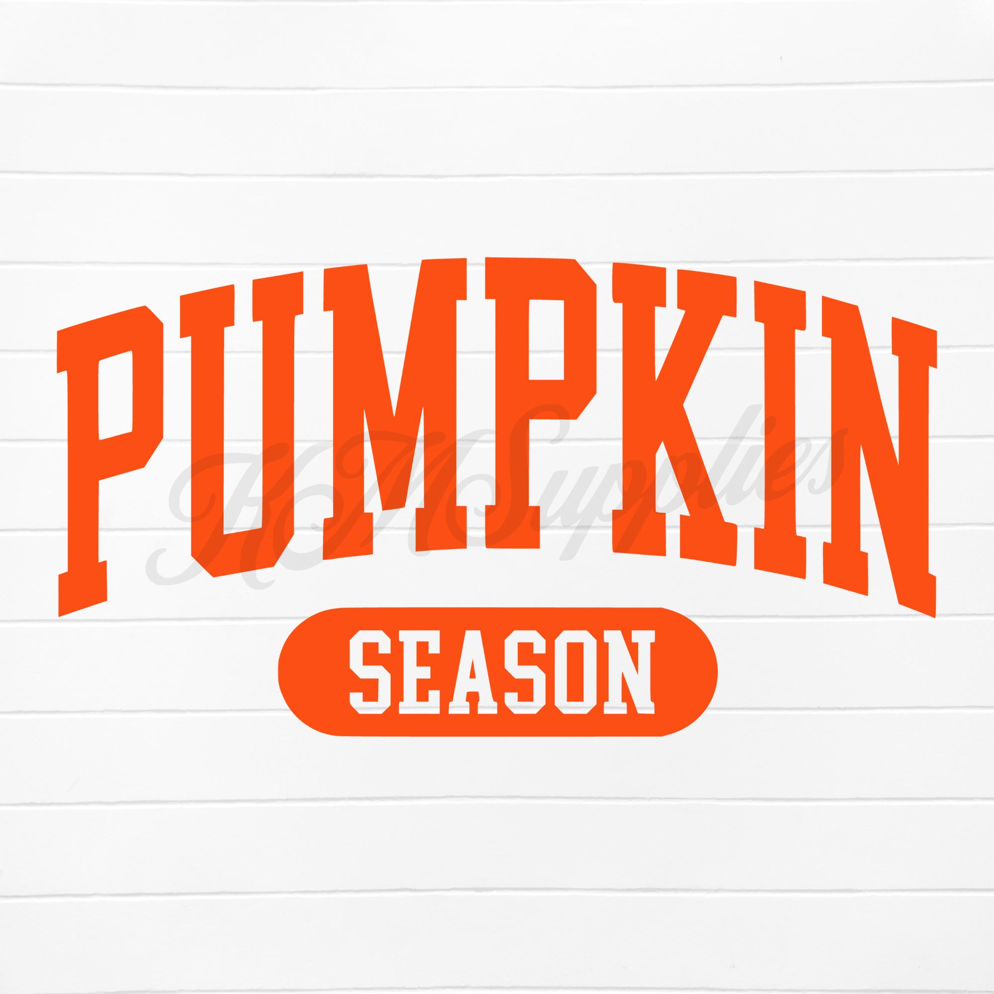 May include: Orange text on a white background reads "PUMPKIN SEASON". The word "PUMPKIN" is arched above the word "SEASON". The text is in a bold, collegiate-style font. The word "SEASON" is in a white font inside an orange oval.