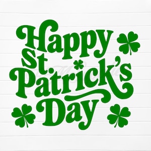 Pode incluir: Texto verde em fundo branco que diz "Happy St. Patrick's Day" com desenhos de trevos.