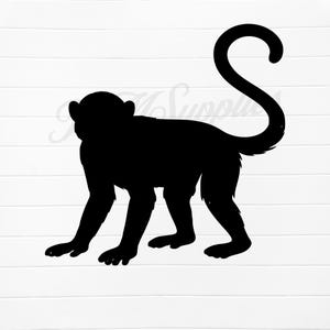May include: A black silhouette of a monkey in a walking pose. The monkey's tail is curled upwards. The image is set against a white background with horizontal lines.