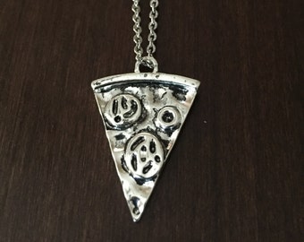 silver pizza necklace, pizza necklace, pizza, pizza slice, pizza slice necklace, pizza jewelry, pizza pendant, pizza charm, silver pizza