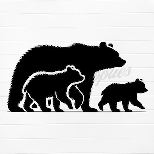 May include: Silhouette of a mother bear and two cubs walking side by side. The bears are black and are facing the right side of the image.