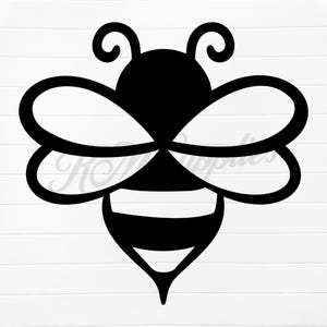 May include: A black and white graphic of a bee. The bee is stylized with a rounded head, curved antennae, and large, heart-shaped wings. The body has black and white stripes, and a pointed stinger.