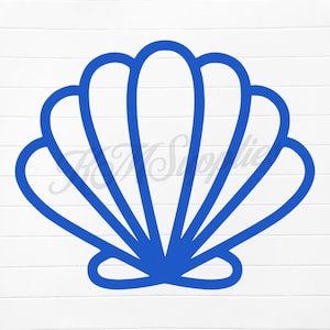 May include: A blue seashell outline with a simple design. The seashell is a common symbol of the ocean and summer.