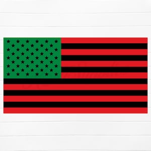 May include: A flag design with a green field of stars in the upper left corner, red and black horizontal stripes. The flag is rectangular and displayed against a white wooden background.