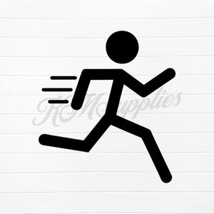 May include: Black and white stick figure running with three lines behind it to indicate speed.