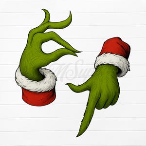 May include: Illustration of two green hands with long fingers, wearing red and white Santa hats. One hand is making a gesture, while the other points downward. The image has a cartoon style and is set against a white background.