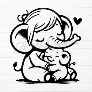 May include: A black and white illustration of a mother elephant hugging her baby elephant. The mother elephant has closed eyes and a heart above her head.