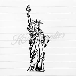 May include: Black and white line art illustration of the Statue of Liberty holding a torch and a book.