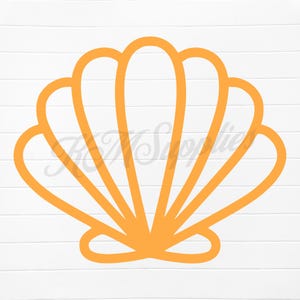 May include: A simple outline of a seashell in a light orange color. The shell has a rounded shape with multiple curves and ridges.