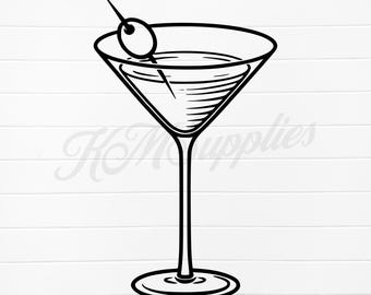 Puede incluir: Dibujo lineal en blanco y negro de una copa de martini con una aceituna en un palillo. La copa está llena de líquido y tiene un tallo largo y una base redonda. El fondo es blanco.