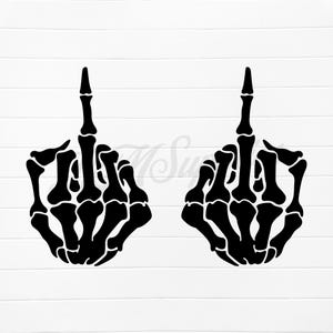 Peut inclure: Deux mains squelettiques noires faisant un geste du majeur. Les mains sont stylisées avec des os visibles et pointent vers le haut.