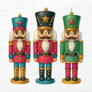 May include: Three colorful nutcrackers in red, green, and black uniforms with gold accents. Each has a different colored hat with a star, a white beard, and a mustache. They stand on round bases, perfect for holiday decor.