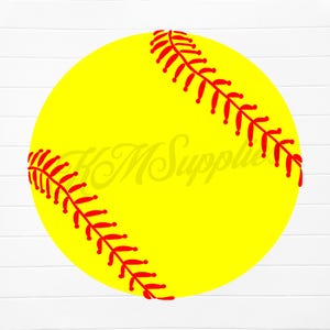 Puede incluir: Una pelota de softball amarilla con costuras rojas. Las costuras están en un patrón tradicional de béisbol.