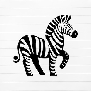 Op de afbeelding: Zwart-witte illustratie van een zebra met een gestreept patroon. De zebra staat op alle vier poten met zijn hoofd gedraaid naar de zijkant.