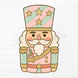 May include: A whimsical illustration of a nutcracker soldier in a festive design. The nutcracker features a pink and green uniform with gold accents, a white beard, and a hat adorned with gold stars. The design is perfect for holiday-themed crafts.