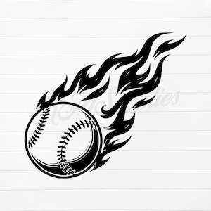 May include: A black and white baseball with flames graphic. The baseball has detailed stitching and is surrounded by stylized flames, creating a dynamic and energetic design. This image is suitable for sports-themed designs.