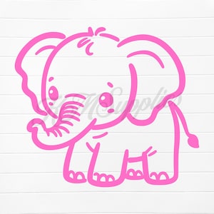May include: A pink cartoon elephant illustration with large eyes, ears, and a trunk. The elephant is drawn with simple lines and is set against a white background with horizontal lines.