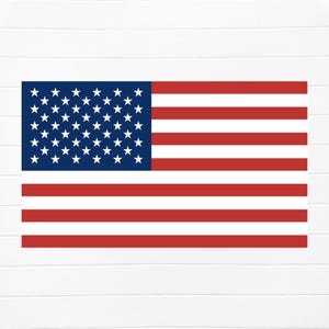 Può includere: Una bandiera americana rossa, bianca e blu con 50 stelle bianche su un campo blu. La bandiera è esposta su uno sfondo di legno bianco.