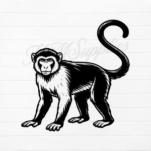May include: A monochrome illustration of a monkey in a walking pose. The monkey has a long, curved tail and is facing forward. The background is a white wood grain pattern.