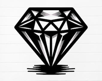 May include: A black and white illustration of a diamond with a textured pattern. The diamond is outlined in a thick black line.