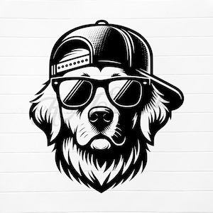 May include: Black and white illustration of a dog wearing sunglasses and a baseball cap. The dog has a serious expression and is looking directly at the viewer.