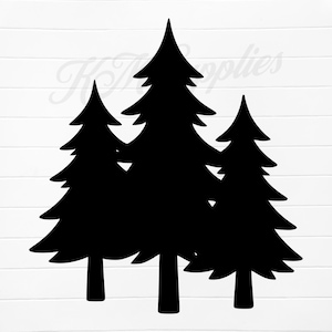 May include: A black silhouette of three evergreen trees against a white background. The trees vary in size, with the central tree being the largest. The image has a clean, minimalist design, suitable for various craft projects or home decor.