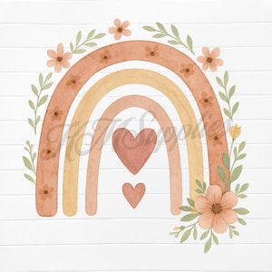 Boho Rainbow PNG Watercolor Clipart | Earth Tone Floral Rainbow with Hearts | Digital Download for Nursery Decor, Sublimation, Stickers